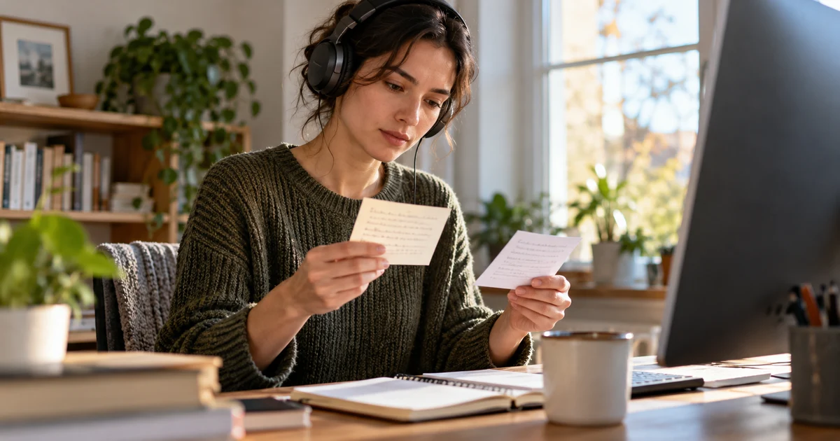 Fictional adult wearing headphones and comparing two note cards beside a laptop.