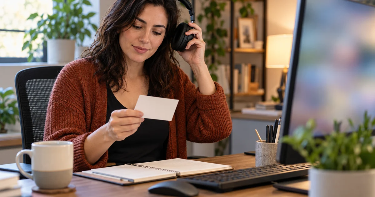 Fictional adult holding a blank card and headphones beside a blurred monitor.