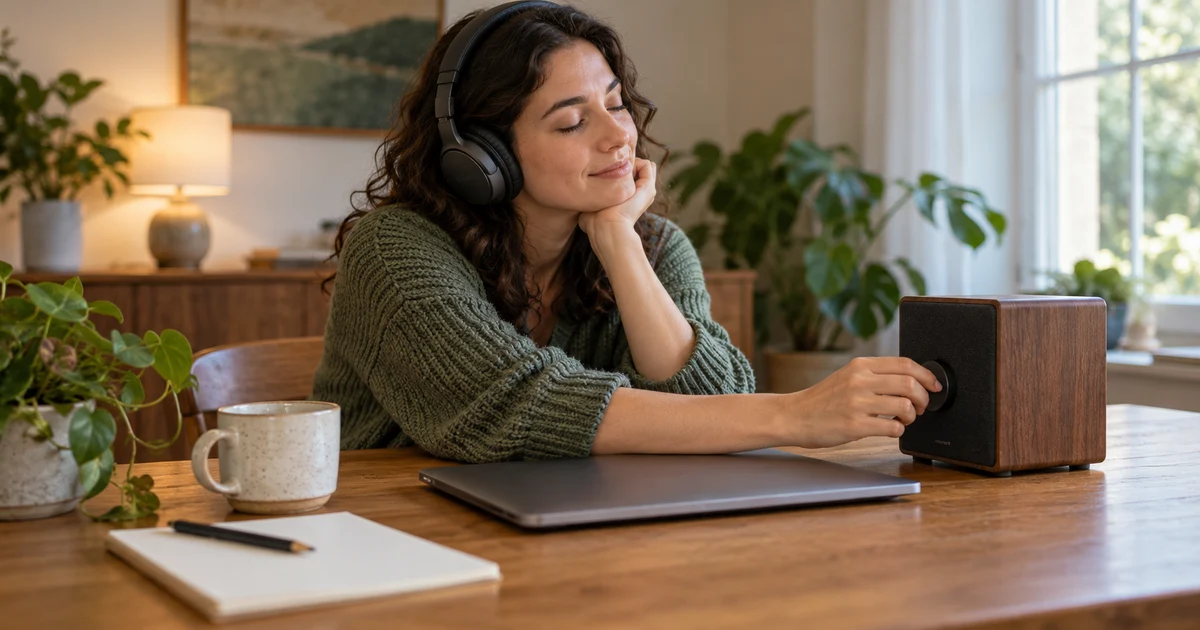 A fictional adult with headphones adjusts a speaker beside a closed laptop.