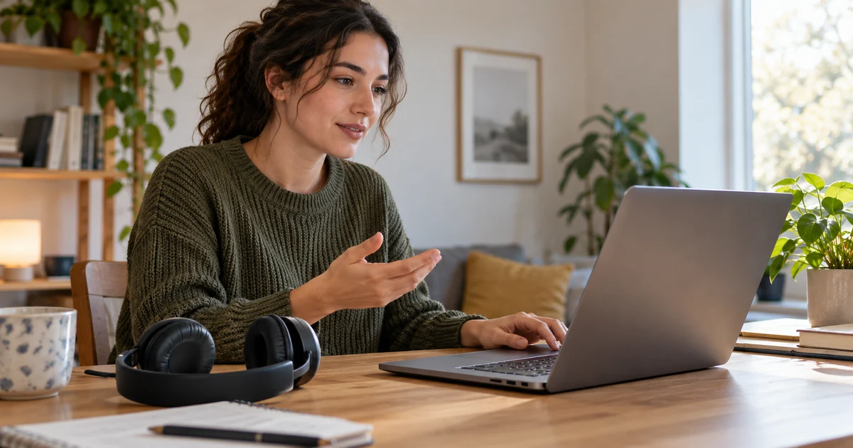 Fictional person practising beside a laptop and a headset on the table.