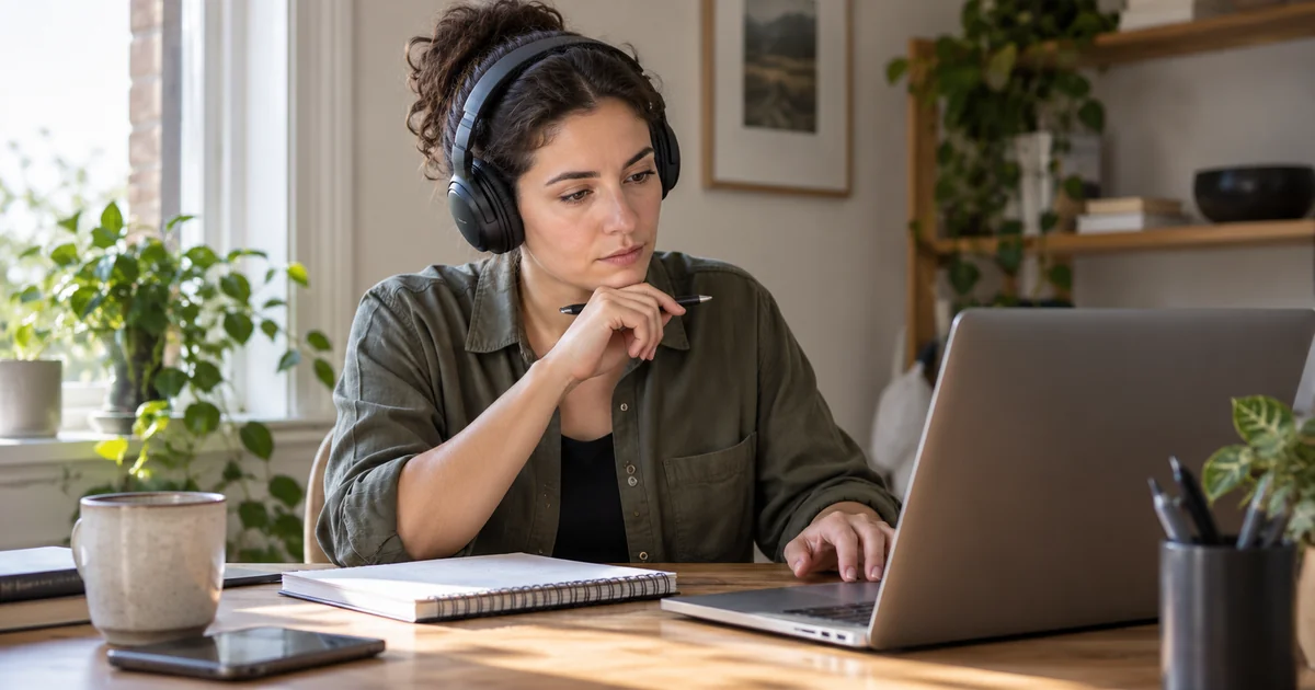 A fictional person checks notes beside a laptop.