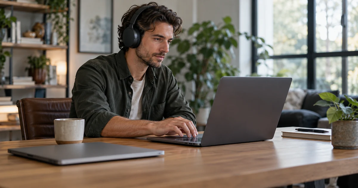 A fictional adult wearing headphones prepares a laptop with its screen out of view.