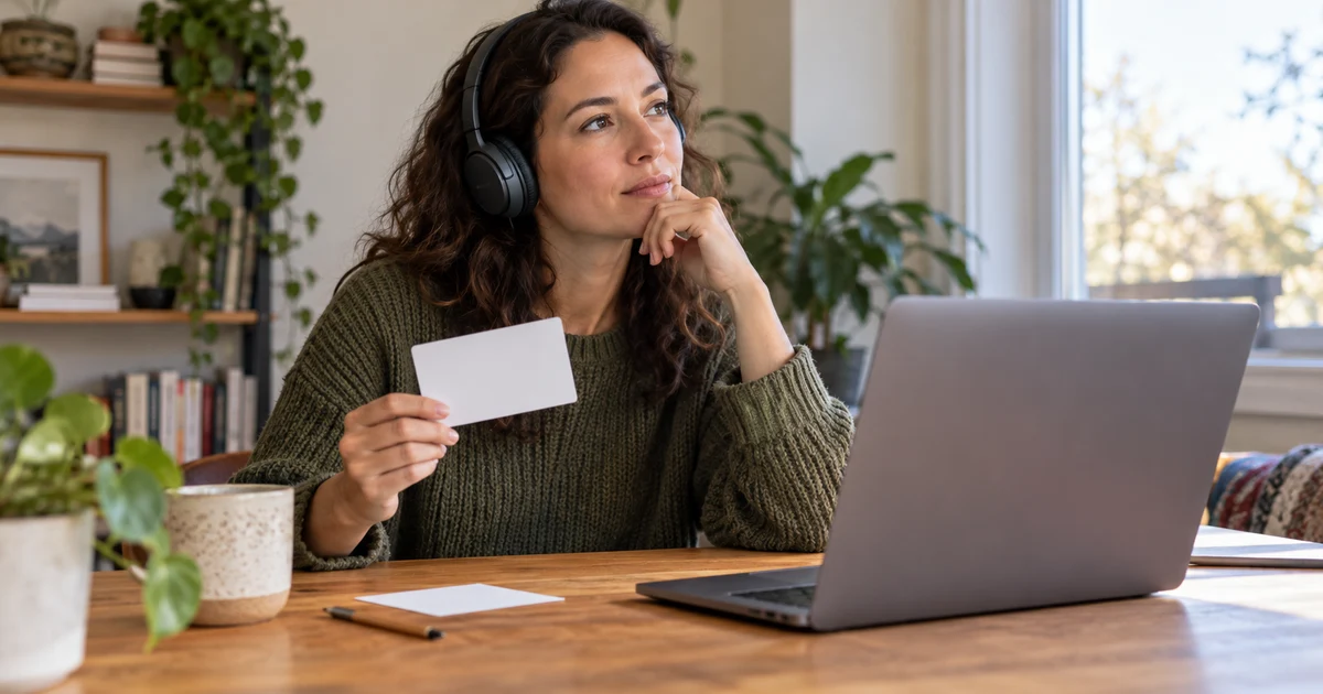 A fictional adult listens through headphones and holds a blank card beside a laptop with its screen out of view.
