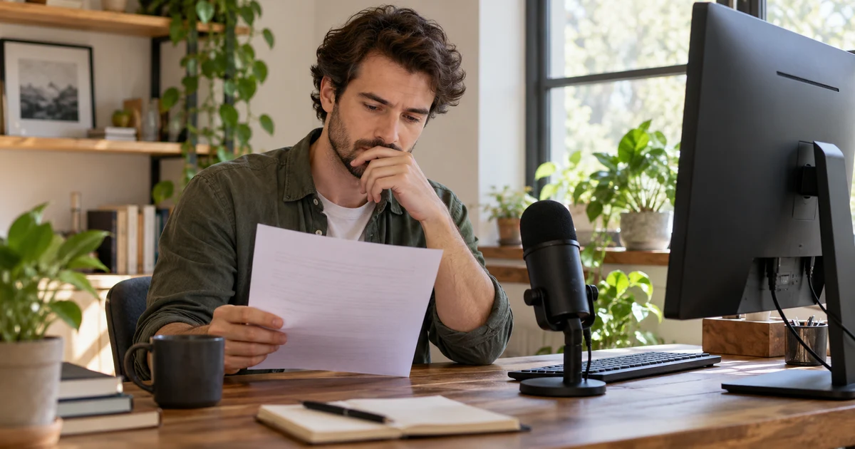 Fictional adult reviewing a page beside a microphone and the back of a monitor.