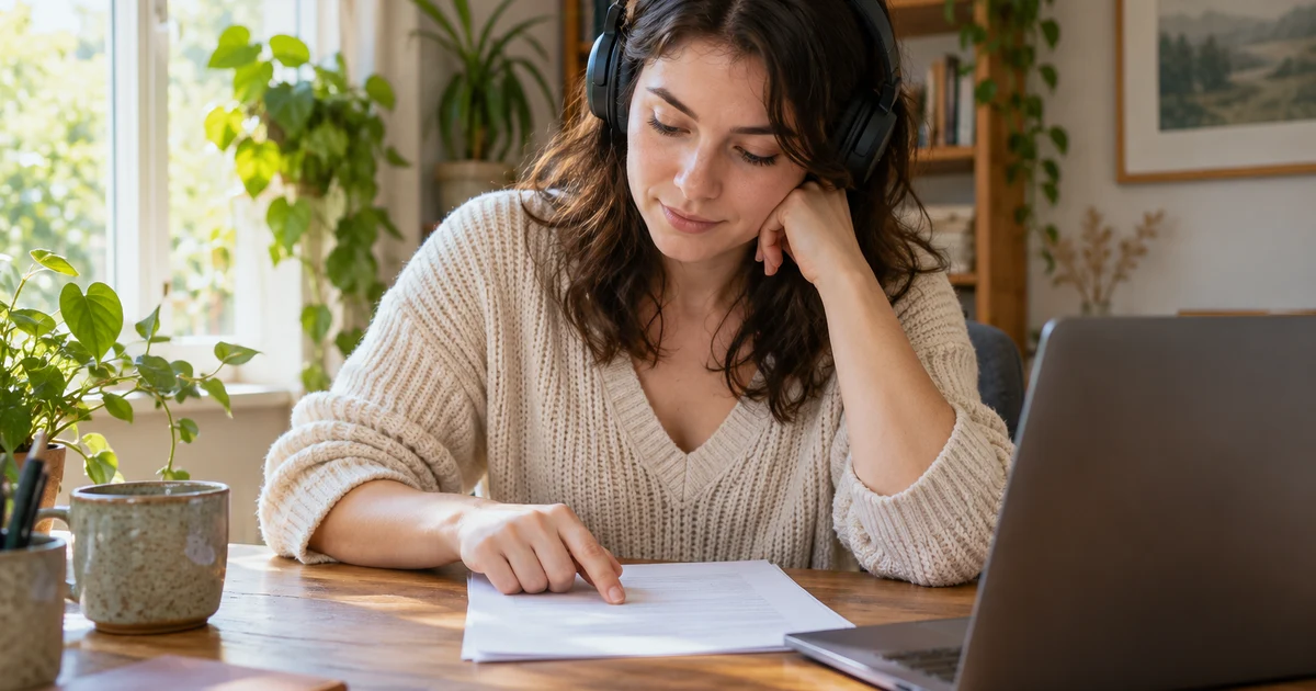 Fictional woman with headphones reviews a paper beside a laptop with no visible interface.