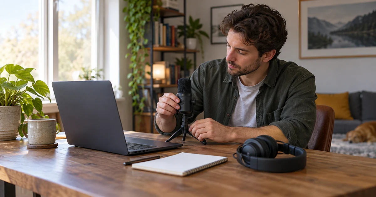 A fictional adult prepares a microphone beside a laptop and headphones at a desk.