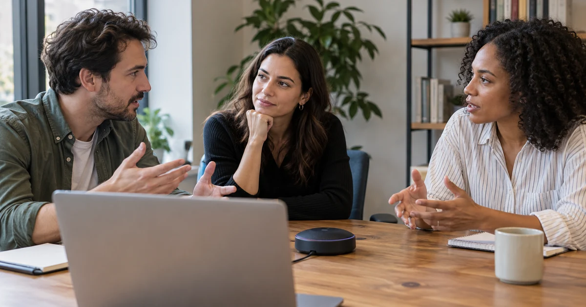 Three adults discuss something around a conference microphone.