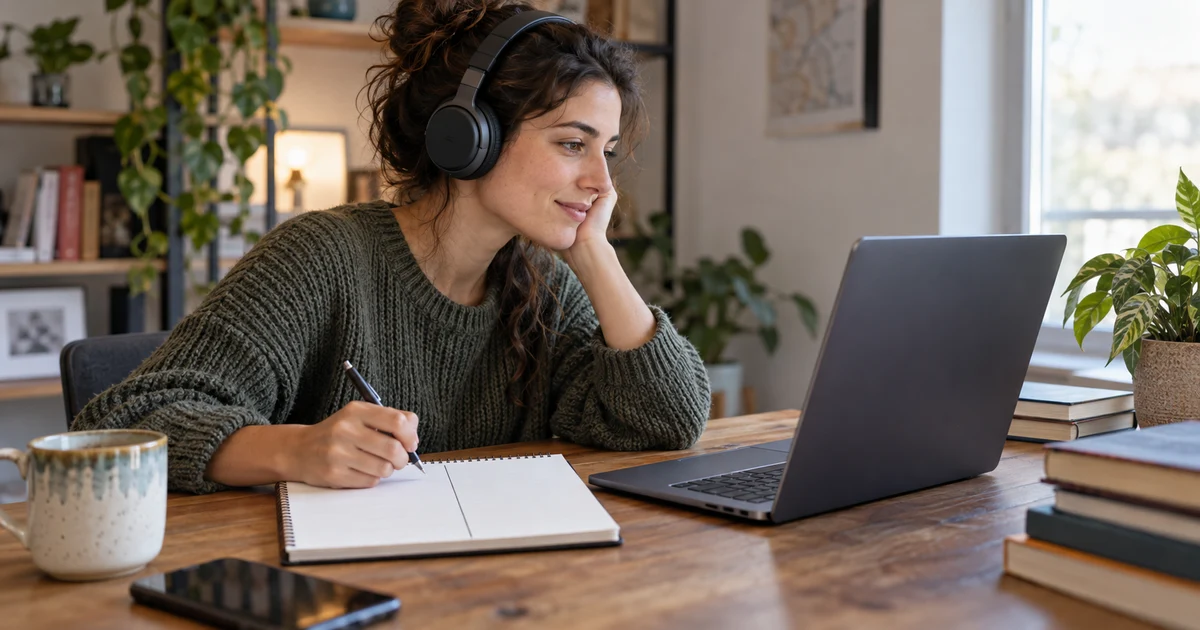 Fictional person listening through headphones beside a laptop and notebook.