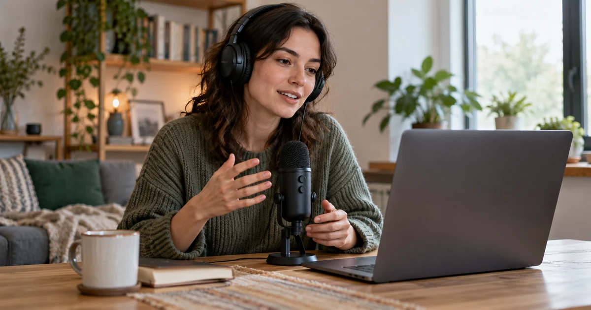 A person tests headphones and a microphone beside a laptop with no visible interface.