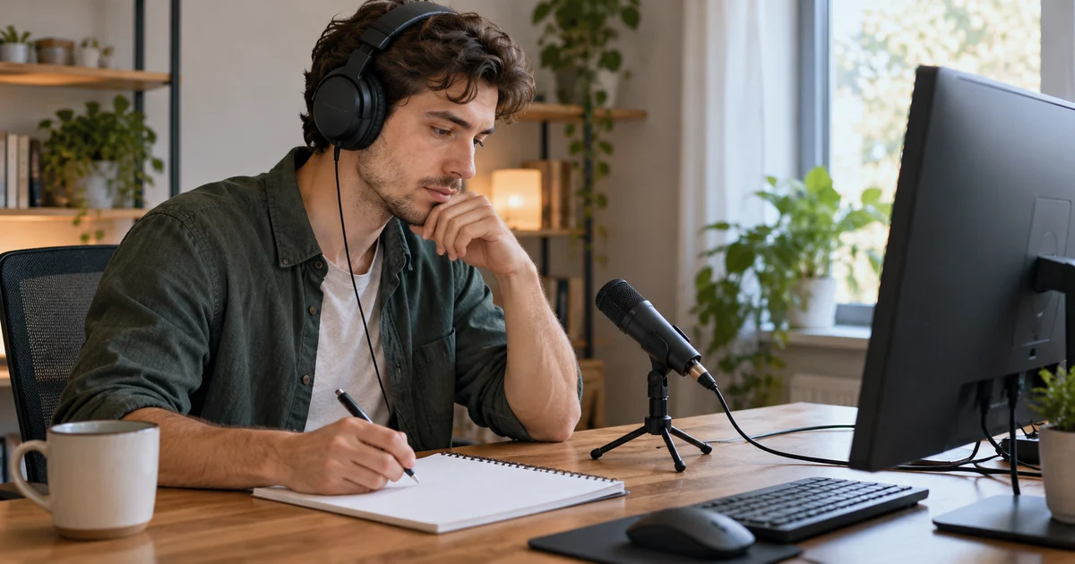 A person wearing headphones reviews a sheet beside a microphone and a monitor facing away.