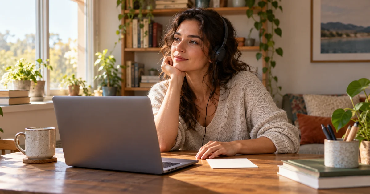 A fictional adult wearing headphones listens beside a laptop with its screen out of view.