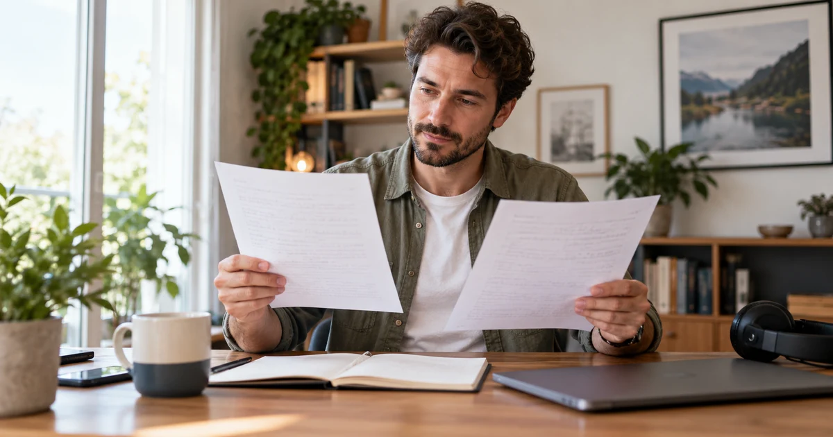 Fictional adult comparing two preparation sheets beside headphones and a closed laptop.