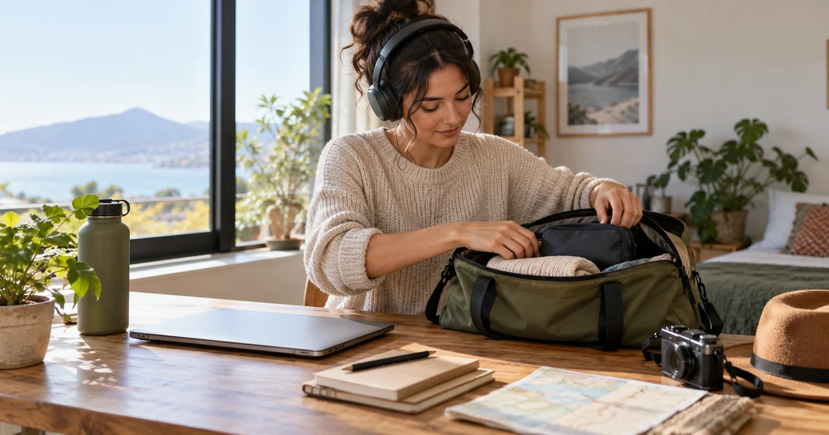 A fictional adult wearing headphones prepares a closed laptop beside a travel bag.