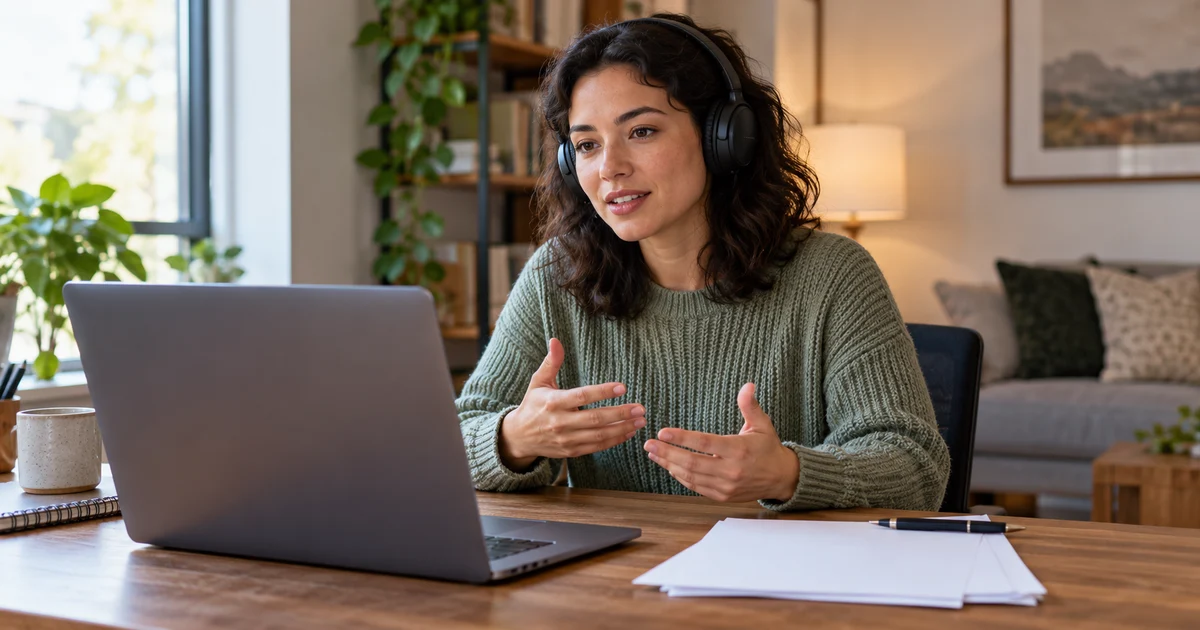 A fictional adult rehearses at a laptop with headphones and papers without readable text.
