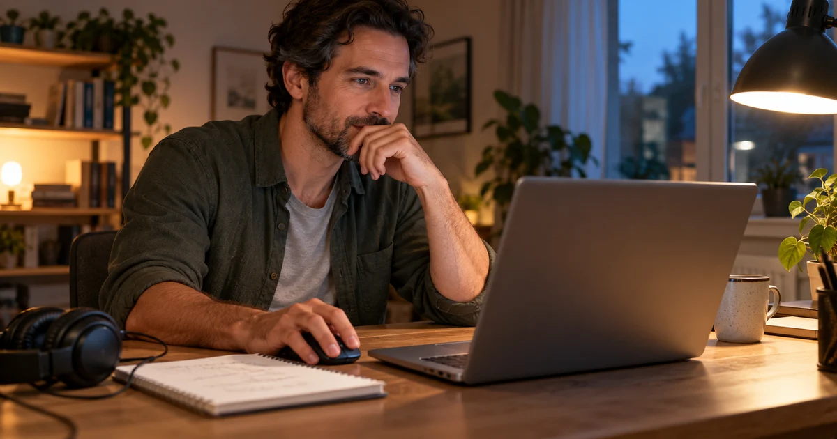 A person reviews a laptop beside headphones and a notebook, with no readable display.