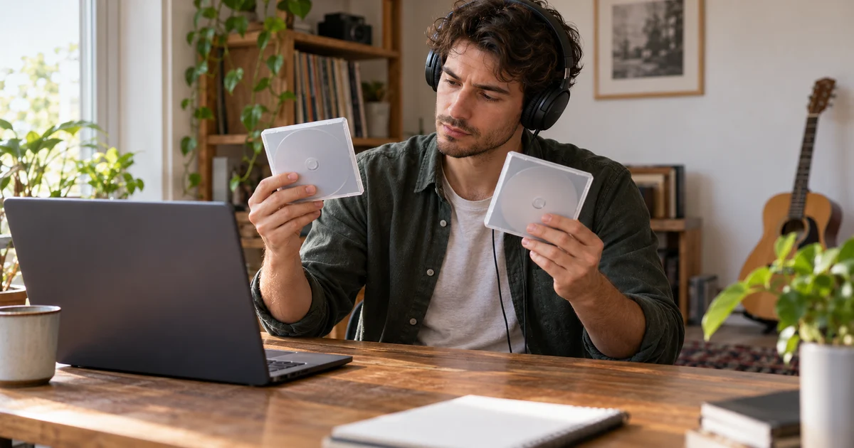 A fictional adult wearing headphones compares two unlabelled disc cases beside a laptop.