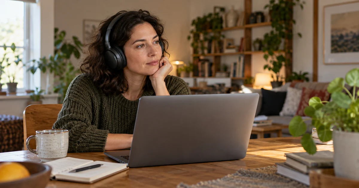 A fictional adult listens through headphones with a hand resting away from the keyboard beside a laptop.
