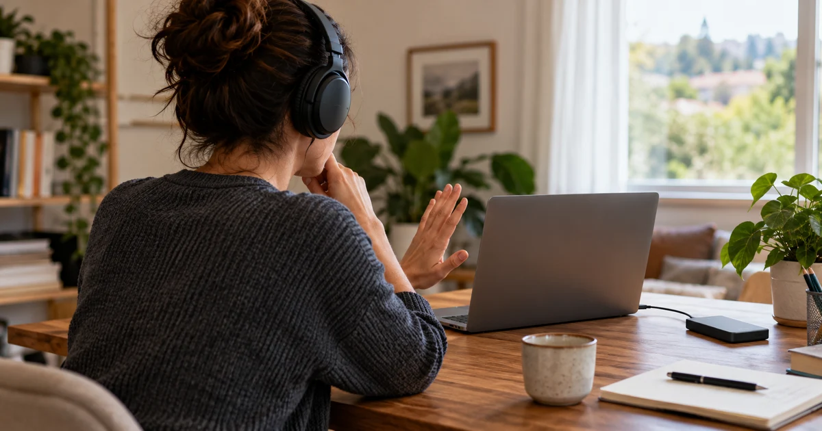 An adult wearing headphones makes a pause gesture beside a laptop and an external drive.