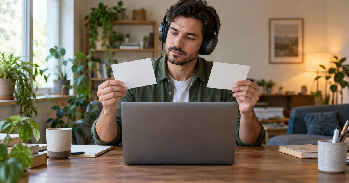 A fictional adult wearing headphones compares two blank cards behind a laptop with no visible interface.