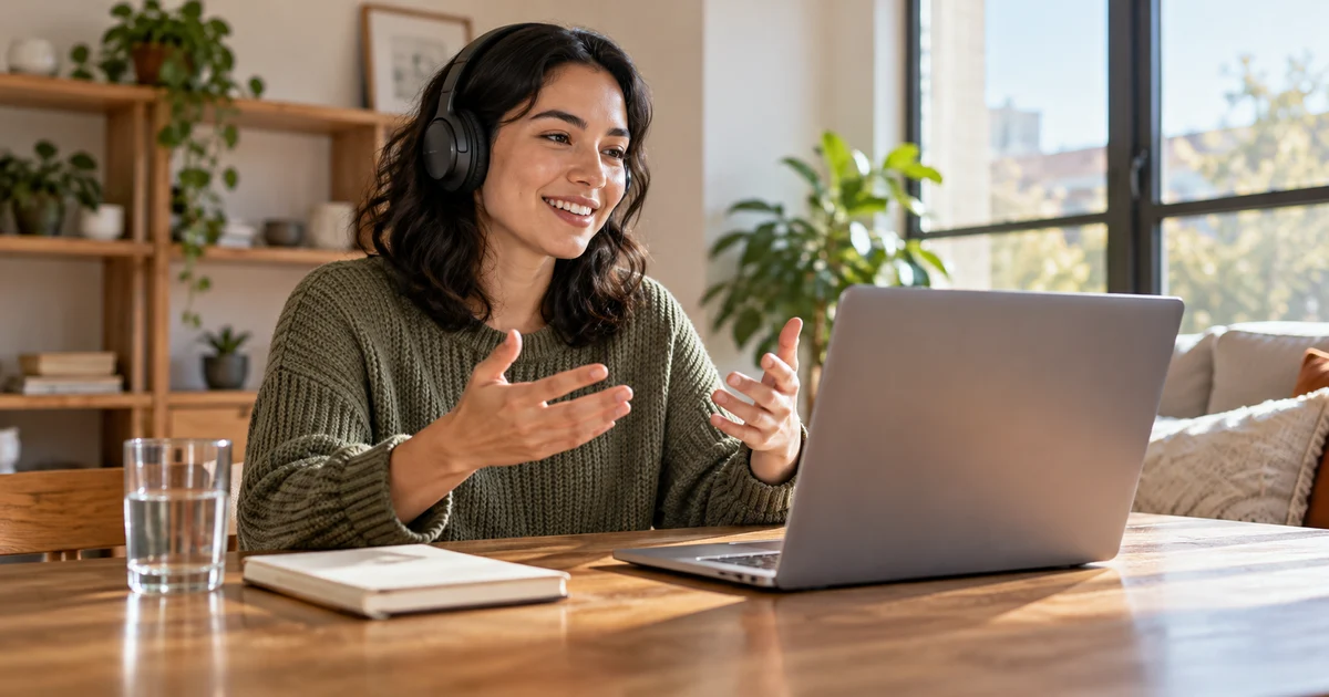 An adult talks through headphones at a laptop with its screen hidden.